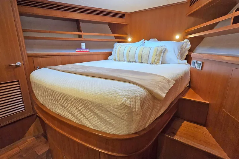 Suertudo Yacht Photos Pics Luxurious bedroom interior of 2020 Outer Reef Yachts 720 Motoryacht with cozy bedding.