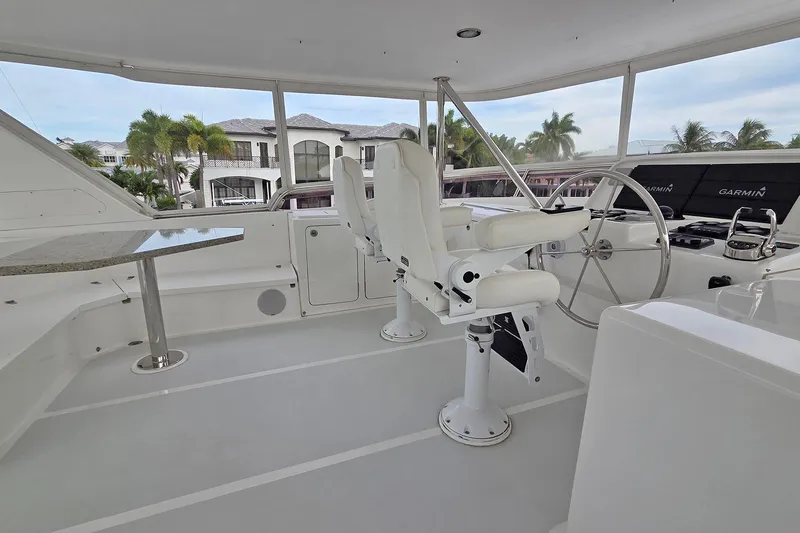 Suertudo Yacht Photos Pics 2020 Outer Reef Yachts 720 Motoryacht helm with white seating and navigation equipment.