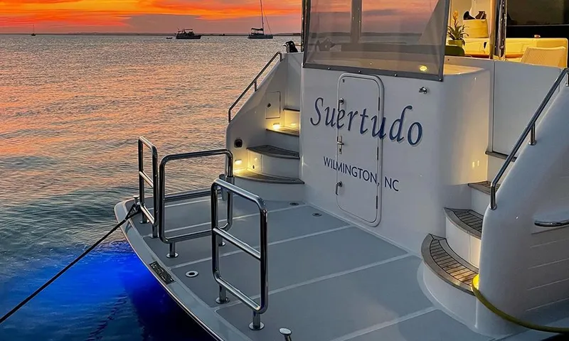 Suertudo Yacht Photos Pics Outer Reef Yachts 720 Motoryacht at sunset, Wilmington, NC, 2020 model.