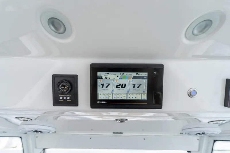 Golden Hour Yacht Photos Pics Dashboard of 2021 Everglades 395 Center Console with Yamaha display and controls.