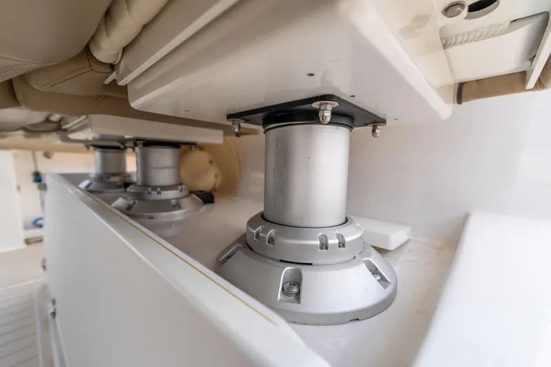 Golden Hour Yacht Photos Pics Interior view of 2021 Everglades 395 Center Console boat seating mechanism.