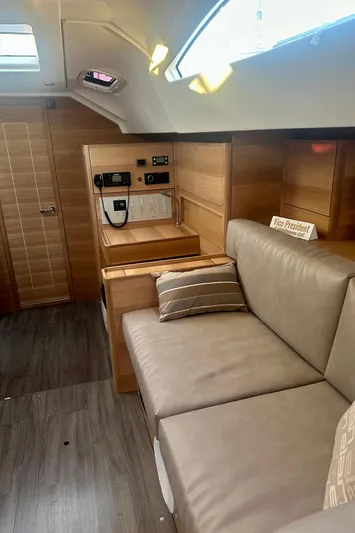 Mystic Impression Yacht Photos Pics Interior of 2022 Elan Impression 50.1 yacht with modern seating and control panel.