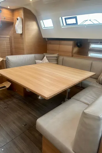 Mystic Impression Yacht Photos Pics Interior of 2022 Elan Impression 50.1 yacht with spacious dining area and modern design.