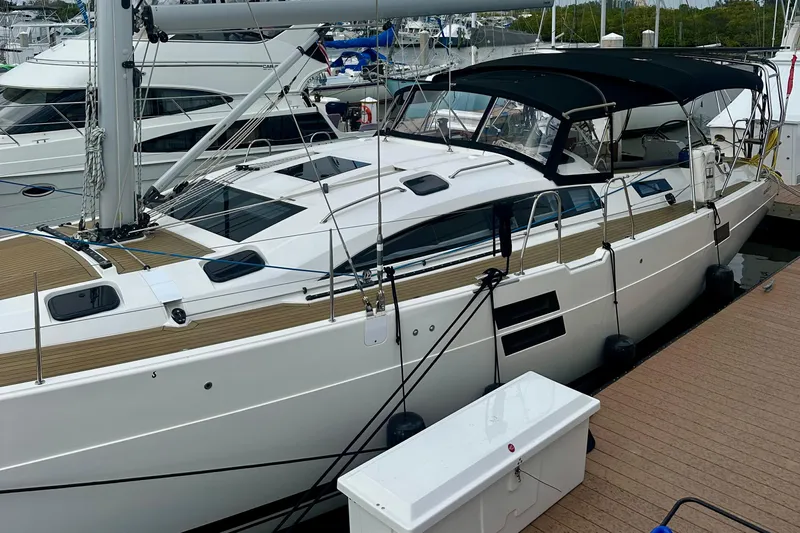 Mystic Impression Yacht Photos Pics 2022 Elan Impression 50.1 yacht docked at marina, featuring sleek design and modern amenities.