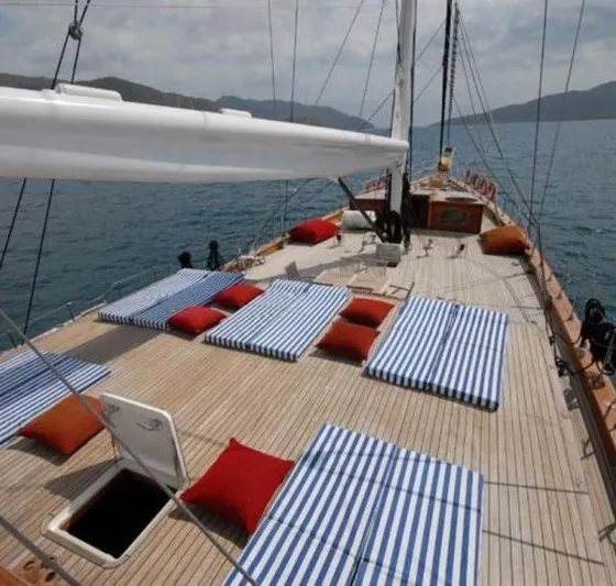 42 M Custom Made Motorsailor Yacht Photos Pics Custom Made 42 M Motorsailor 2006 deck with striped cushions and scenic ocean view.