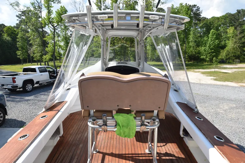 Double Trouble Yacht Photos Pics Custom Carolina 28 Cape Lookout boat, 2007 model, repowered in 2019, docked outdoors.