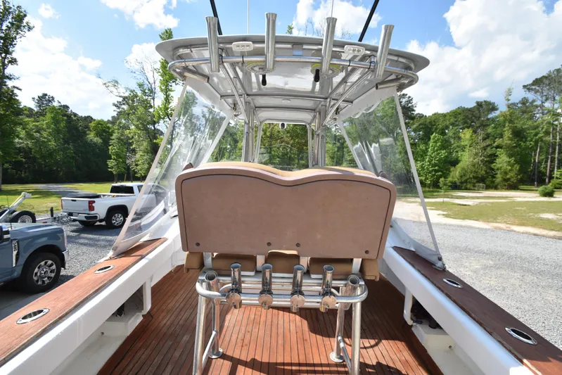 Double Trouble Yacht Photos Pics Custom Carolina 28 Cape Lookout boat interior, 2007 model, repowered in 2019, with wooden deck.