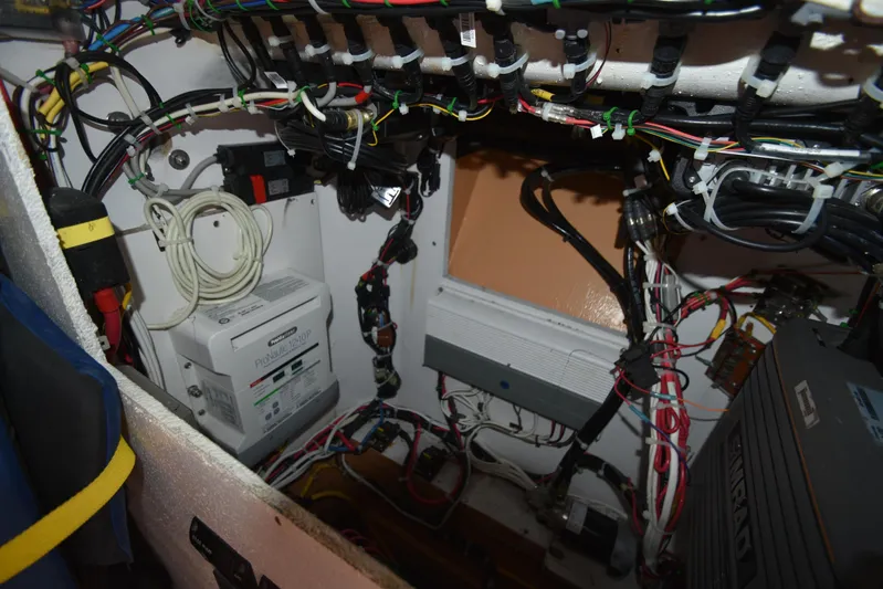 Double Trouble Yacht Photos Pics Electrical wiring and equipment inside a 2007 Custom Carolina 28 Cape Lookout boat.