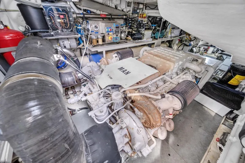  Yacht Photos Pics Engine room of a 2015 Riva 63 yacht, featuring a MAN engine.