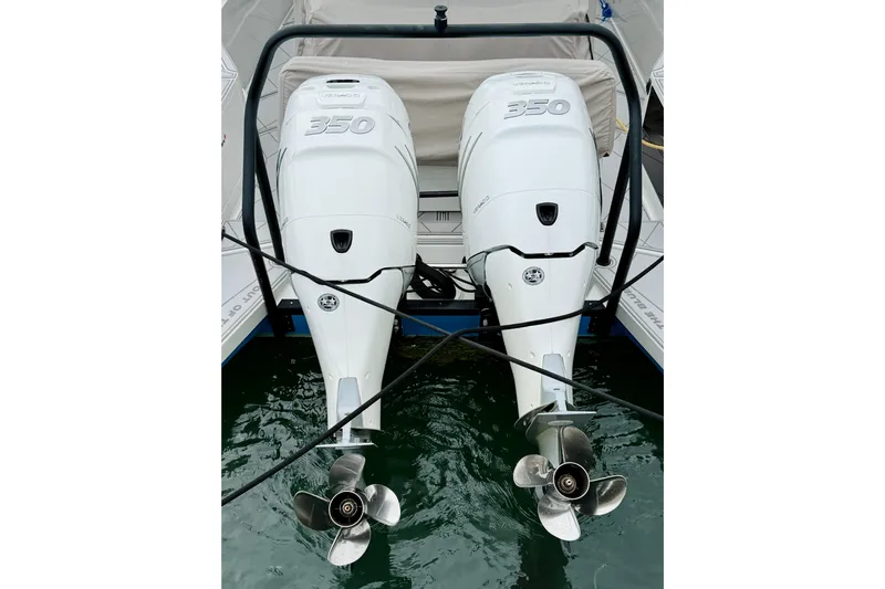 Out Of The Blue Yacht Photos Pics Twin 350 horsepower outboard engines on 2023 Axopar 37 Sun Top boat.