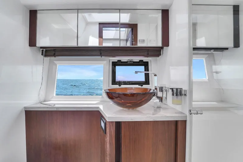  Yacht Photos Pics Luxury bathroom on 2017 Galeon 445 HTS yacht with ocean view.