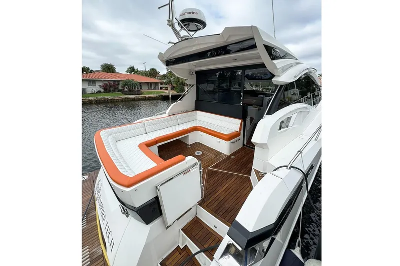  Yacht Photos Pics 2017 Galeon 445 HTS yacht with spacious deck and comfortable seating.