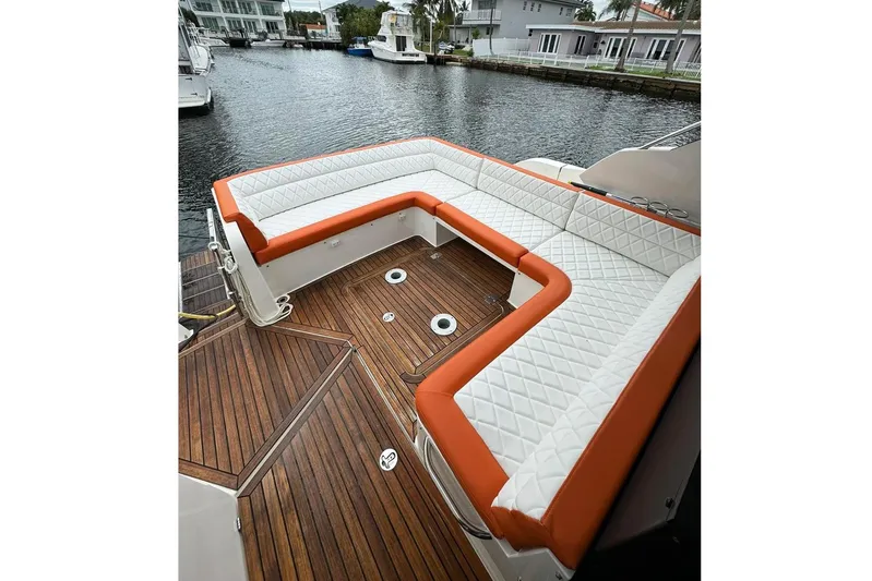  Yacht Photos Pics 2017 Galeon 445 HTS yacht with luxurious deck seating.