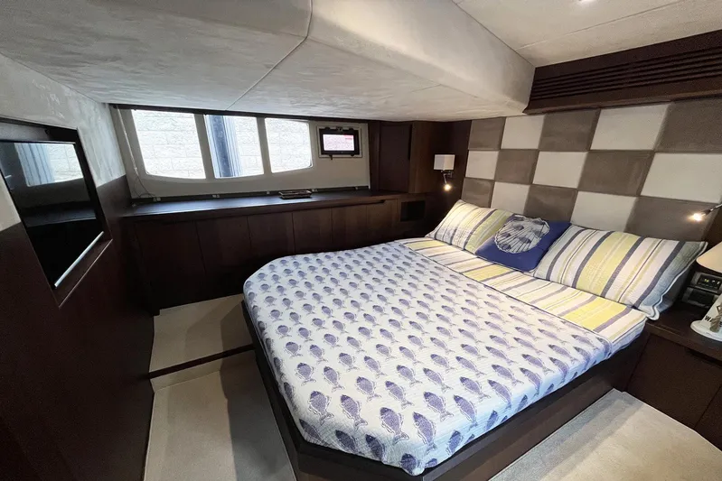  Yacht Photos Pics Luxurious bedroom interior of 2017 Galeon 445 HTS yacht with modern decor.