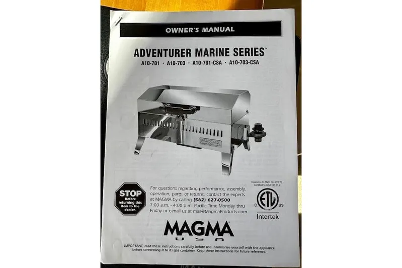  Yacht Photos Pics Owner's manual for Magma Adventurer Marine Series grill, featuring model details and contact information.