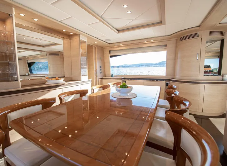 Grace Yacht Photos Pics Luxurious dining area on 2009 Astondoa 96 GLX yacht with elegant wood finishes.