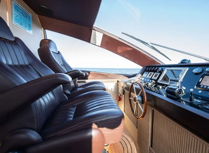 Grace Yacht Photos Pics Luxurious helm of 2009 Astondoa 96 GLX yacht with leather seats and modern controls.