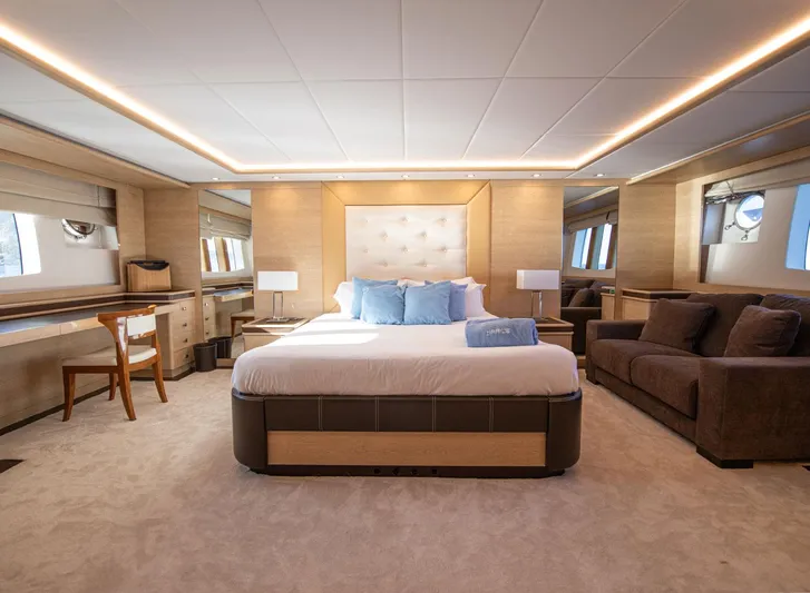 Grace Yacht Photos Pics Luxurious bedroom interior of 2009 Astondoa 96 GLX yacht with modern furnishings.
