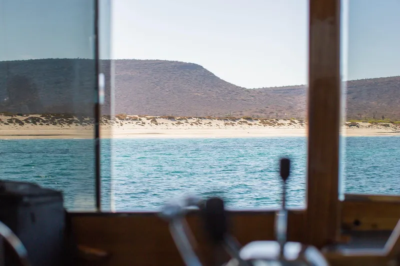 New School Yacht Photos Pics View from 1966 Chris-Craft Constellation boat, overlooking serene coastal landscape.