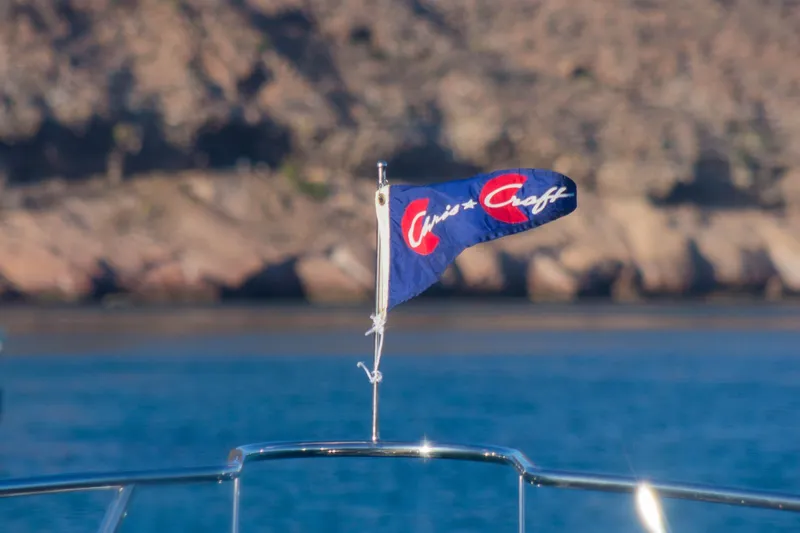 New School Yacht Photos Pics 1966 Chris-Craft Constellation flag on boat, with rocky shoreline in background.