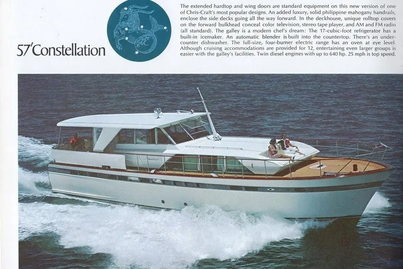 New School Yacht Photos Pics 1966 Chris-Craft Constellation yacht cruising on open water, featuring elegant design and luxury amenities.