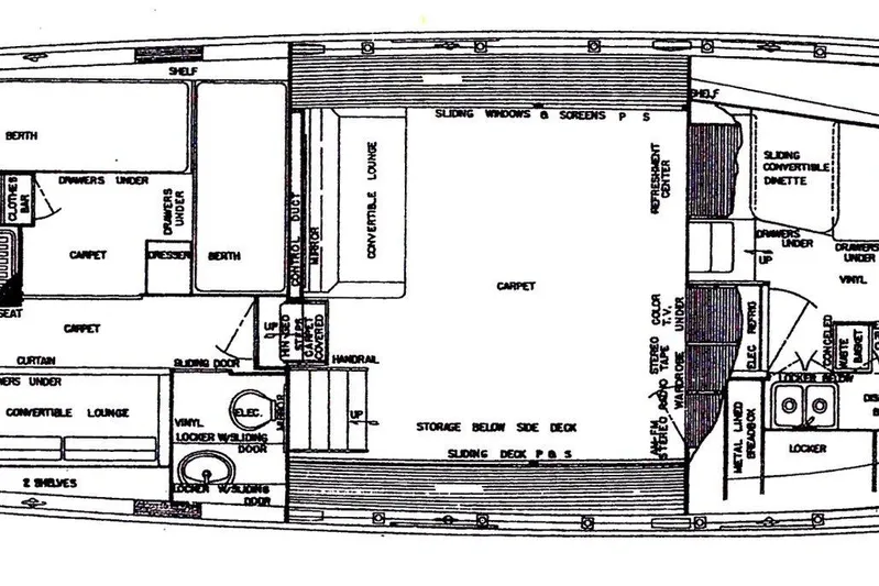 New School Yacht Photos Pics 1966 Chris-Craft Constellation boat floor plan with labeled interior layout and features.