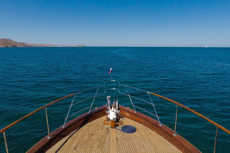 New School Yacht Photos Pics 1966 Chris-Craft Constellation yacht cruising on open blue sea under clear sky.