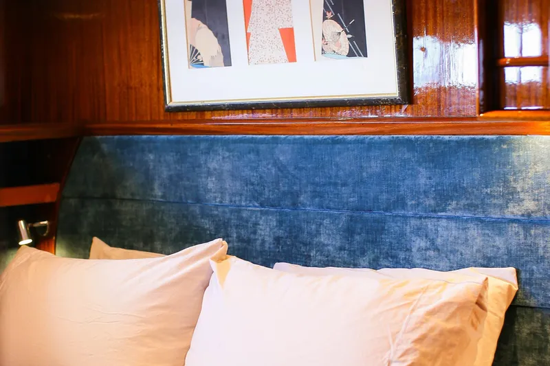 New School Yacht Photos Pics Luxurious cabin interior of 1966 Chris-Craft Constellation with plush pillows and elegant artwork.