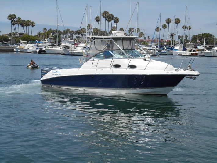 Delfini Yacht Photos Pics 2007 Wellcraft Coastal 270 boat cruising in a marina with palm trees in the background.