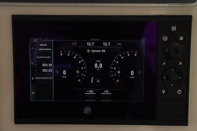  Yacht Photos Pics Dashboard display of a 2021 Boston Whaler 320 Vantage showing engine hours and system status.