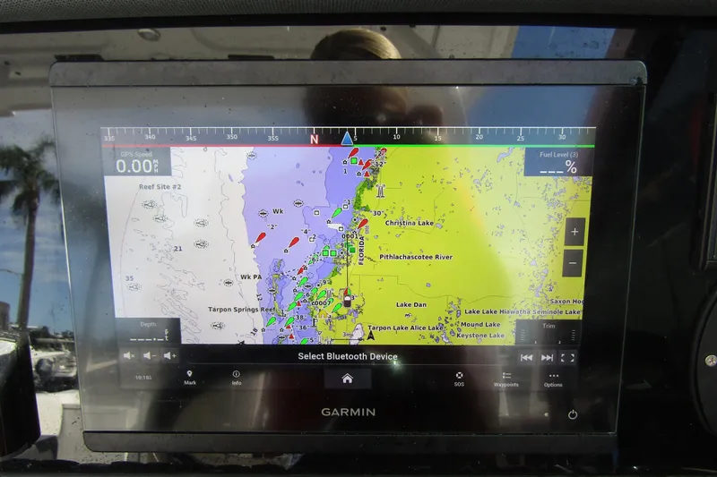  Yacht Photos Pics Garmin navigation display on 2023 Blackfin 252 DC boat, showing detailed marine map.