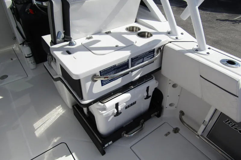  Yacht Photos Pics 2023 Blackfin 252 DC boat interior with storage and seating area.