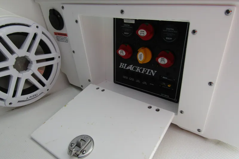  Yacht Photos Pics 2023 Blackfin 252 DC control panel with JL Audio speaker.