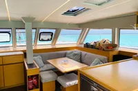 Interior of 2018 Nautitech 46 Open catamaran with cozy seating and ocean view.