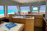 Interior of 2018 Nautitech 46 Open catamaran with modern kitchen and ocean view.