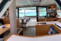 Interior of 2018 Nautitech 46 Open catamaran with modern kitchen and ocean view.