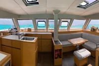 Interior of 2018 Nautitech 46 Open catamaran with modern kitchen and seating area.