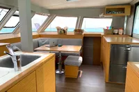Interior of 2018 Nautitech 46 Open catamaran with modern kitchen and dining area.