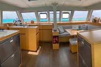 Interior of 2018 Nautitech 46 Open catamaran with modern kitchen and seating area.