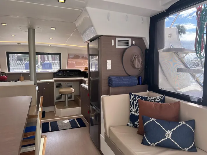 Encore Yacht Photos Pics Interior of a 2020 Bali 4.1 catamaran with modern seating and nautical decor.