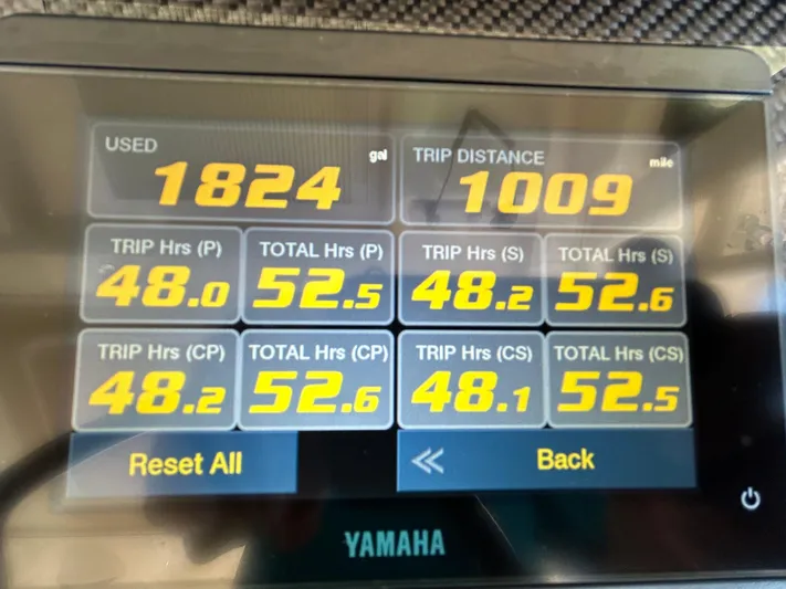  Yacht Photos Pics Yamaha display showing fuel usage and trip data for 2024 Grady-White Canyon 456.