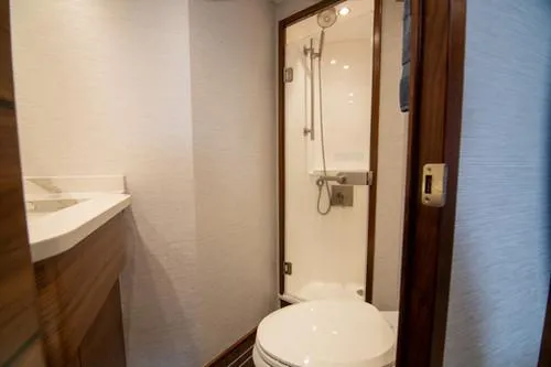 Caballo Grande Yacht Photos Pics 2024 Viking Convertible EB yacht bathroom with shower and modern fixtures.