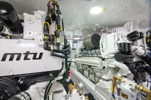 Caballo Grande Yacht Photos Pics Engine room of 2024 Viking Convertible EB yacht with MTU engines.