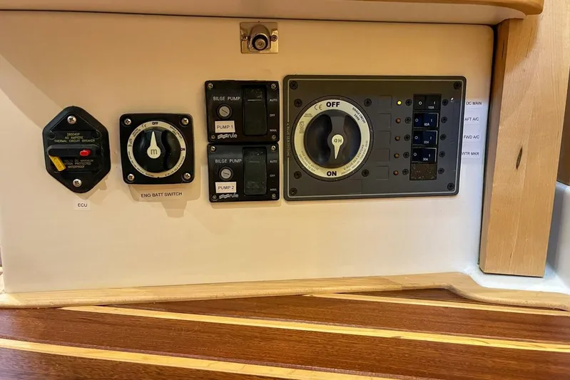  Yacht Photos Pics Control panel of 2023 Island Packet 439 yacht with switches and circuit breakers.