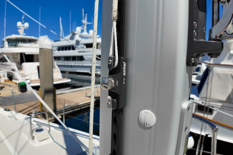  Yacht Photos Pics Sailboat mast detail on 2023 Island Packet 439, docked at marina with yachts.