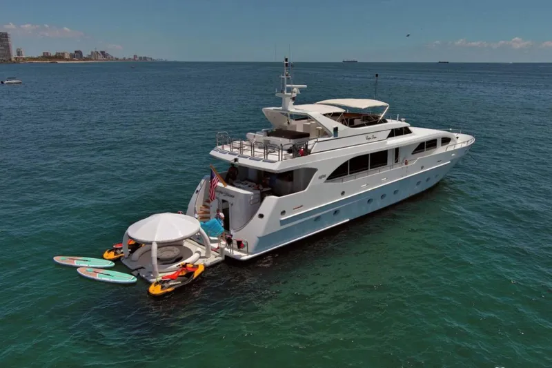 Carpe Diem Yacht Photos Pics Luxury yacht Intermarine RPH 95, 2001 model, anchored with water sports equipment.