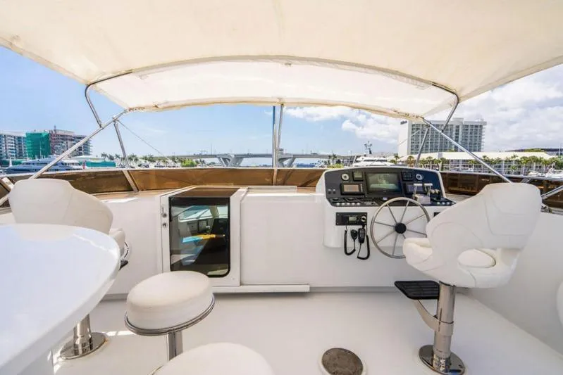 Carpe Diem Yacht Photos Pics Flybridge of 2001 Intermarine RPH 95 yacht with helm station and seating.