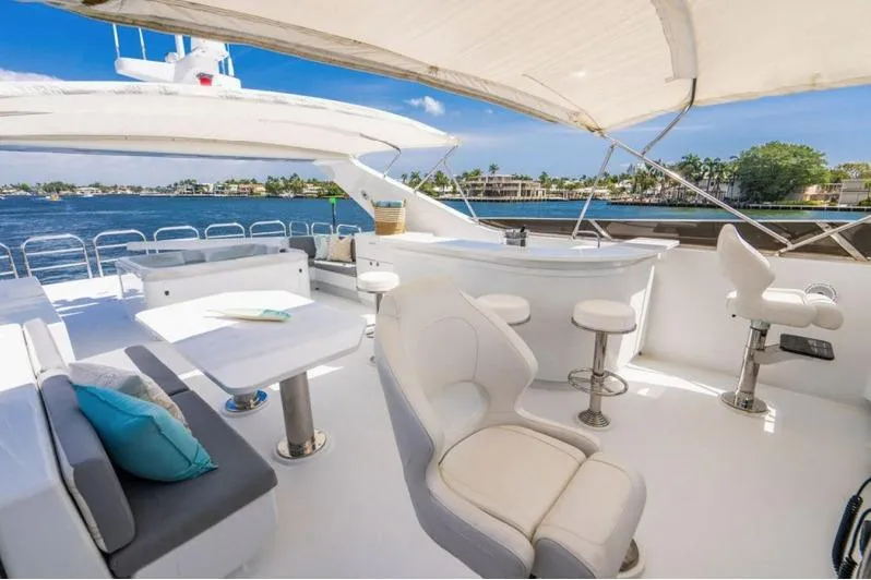 Carpe Diem Yacht Photos Pics Luxurious 2001 Intermarine RPH 95 yacht deck with seating and bar, overlooking serene waters.