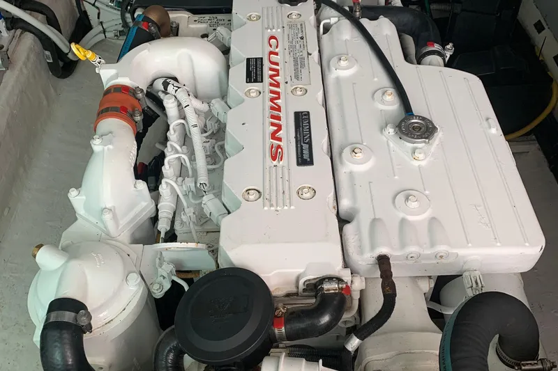 Tranquility Yacht Photos Pics Engine compartment of a 2008 Back Cove 33 Hard Top Express with Cummins engine.