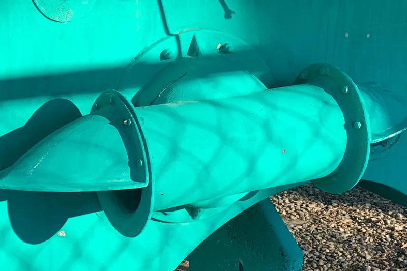 Tranquility Yacht Photos Pics Close-up of a turquoise boat propeller, Back Cove 33 Hard Top Express, 2008 model.